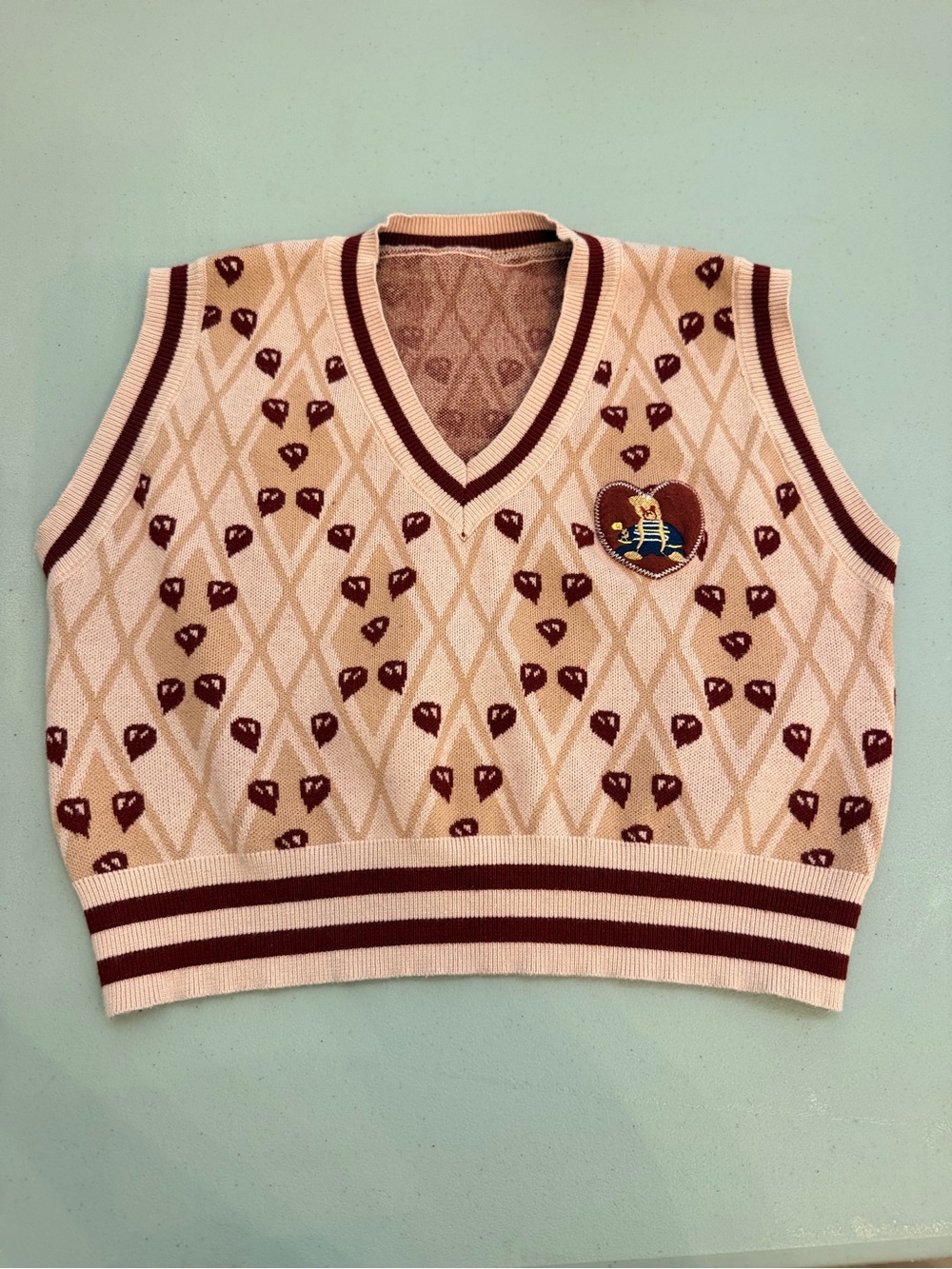 Women’s Cream Knit V-Neck Crop Sweater Vest with Burgundy Accents
